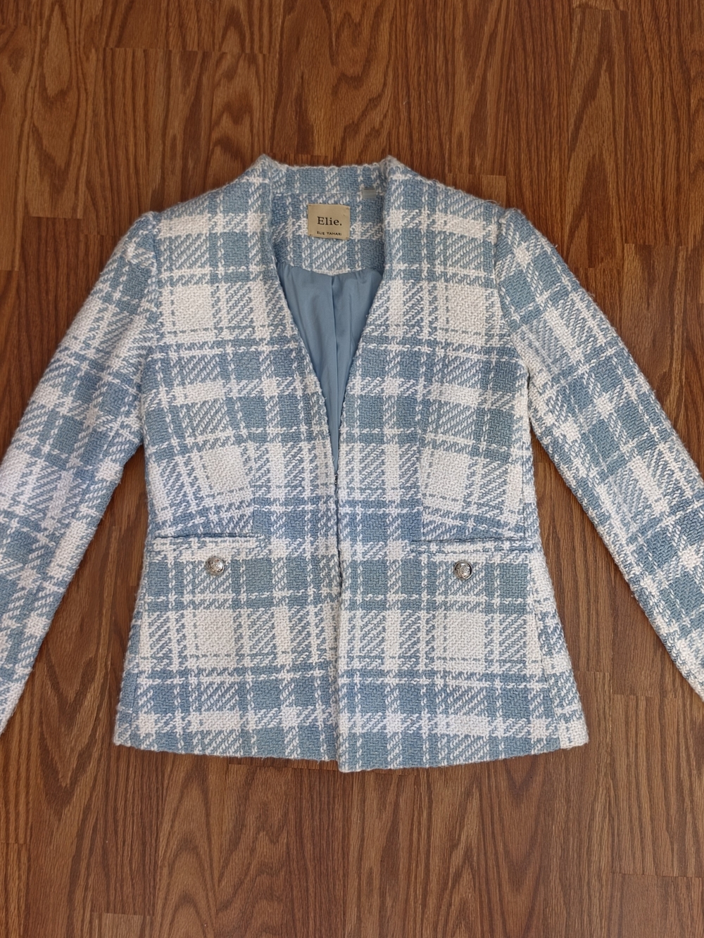 Ellie TAHARI Blue & White Plaid Tweed Jacket